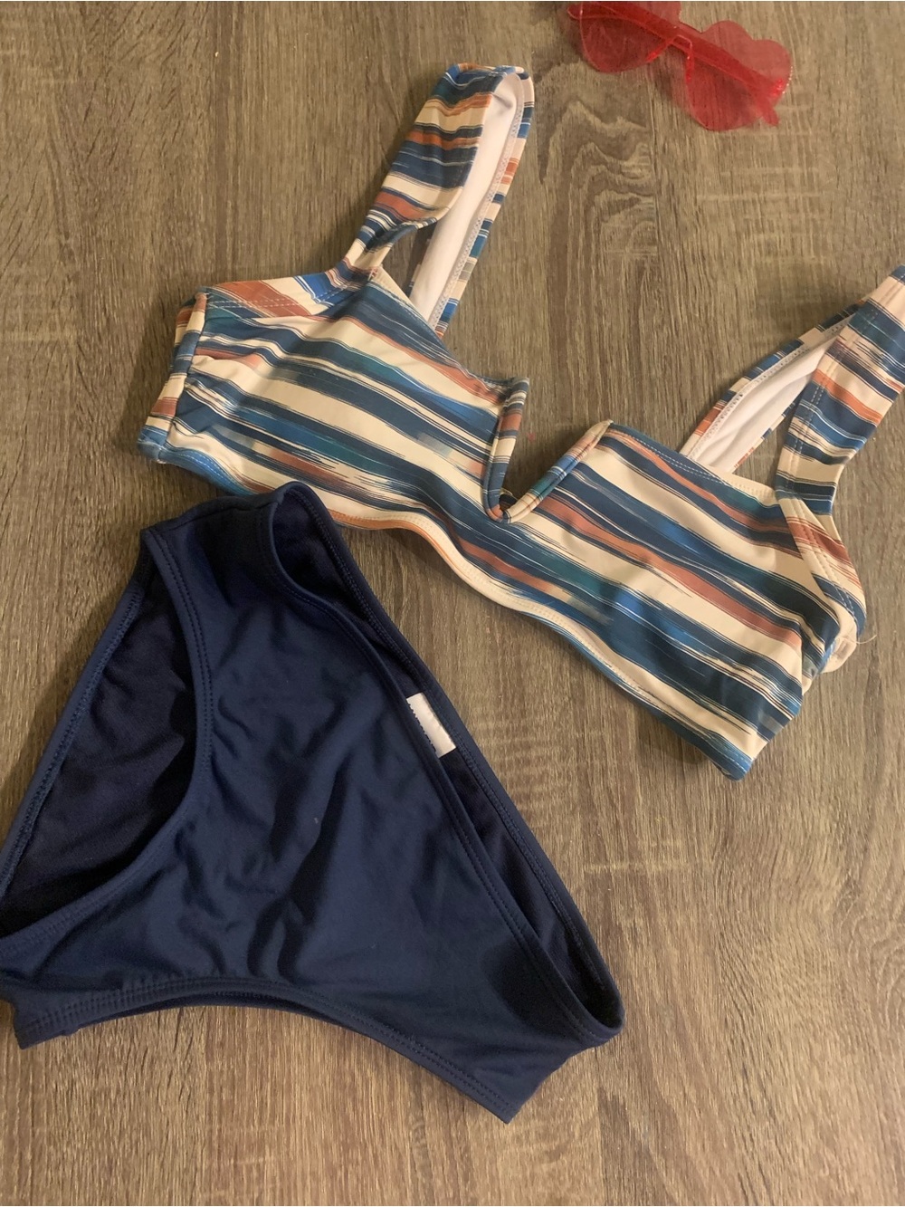 Striped Blue & Cream Underwire Bikini Top with Navy Bottom - Women Swim
